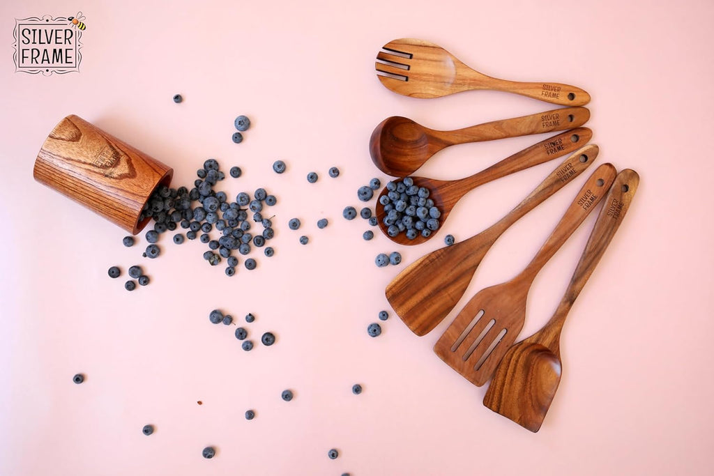 Silver Frame Wooden Spoons for Cooking, Utensils Set with Kitchen Holder 7 pieces of Teak Wood Cooking Utensils Set