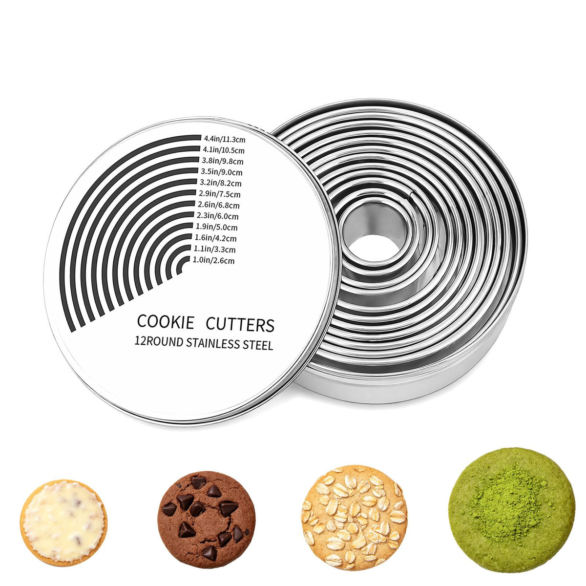 Set of 12 Scalloped Round Biscuit Cutters, 2.4–11.2cm Silver