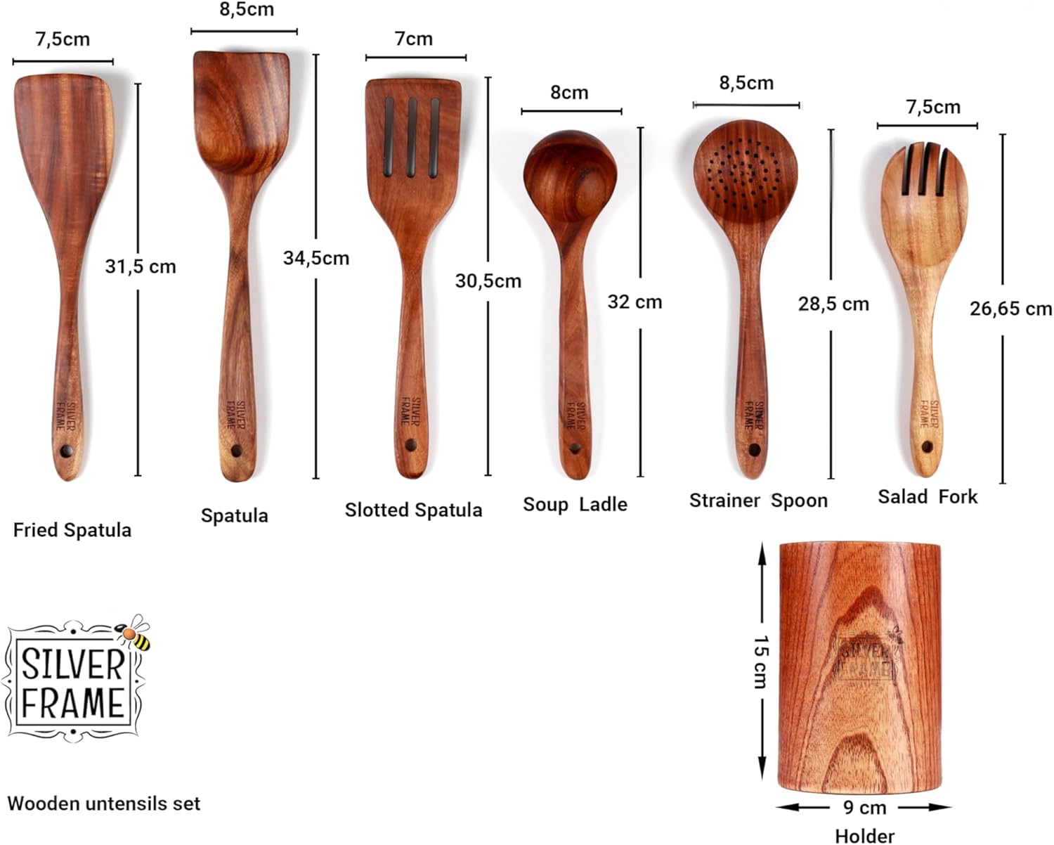 Silver Frame Wooden Spoons for Cooking, Utensils Set with Kitchen Holder 7 pieces of Teak Wood Cooking Utensils Set