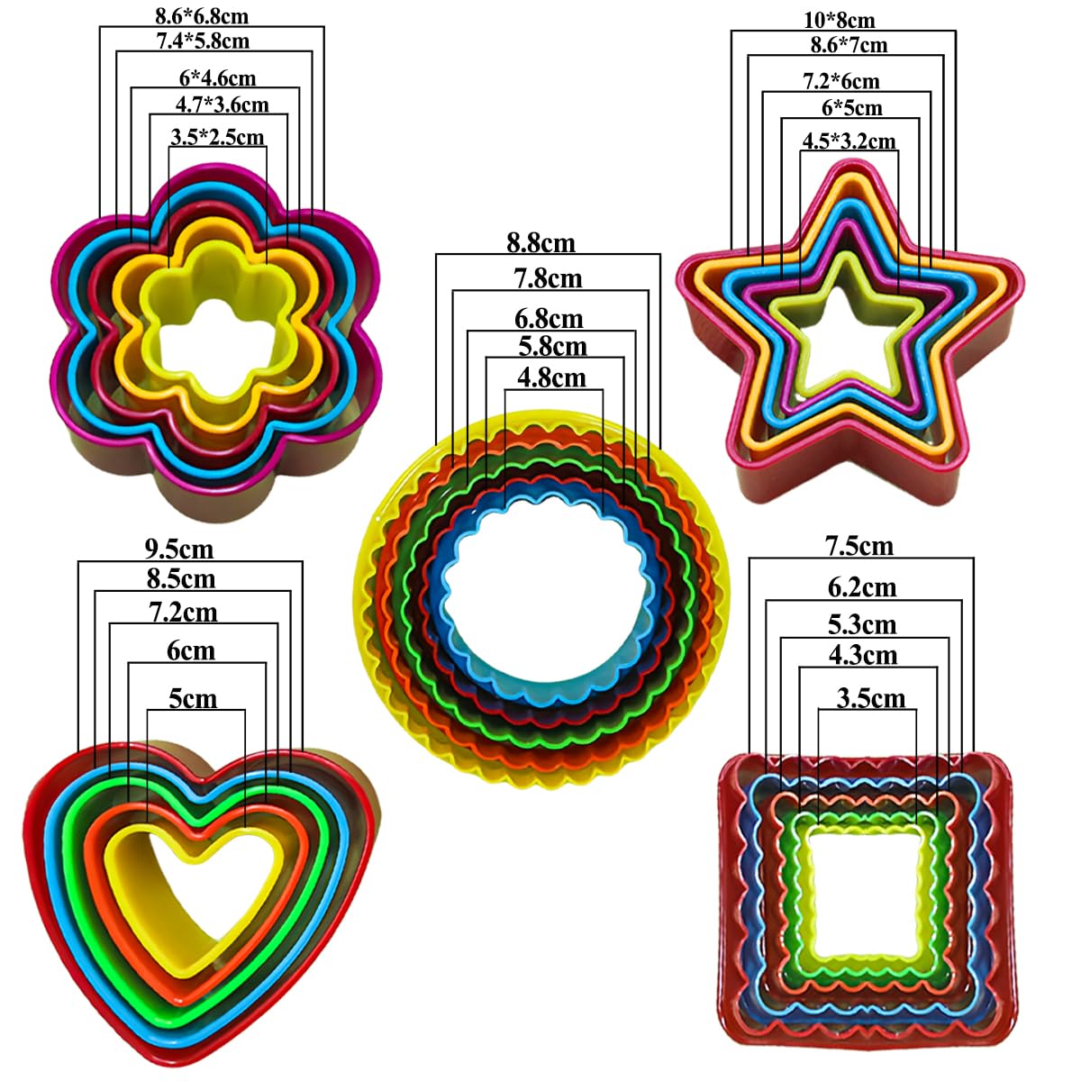 Set of 25 Plastic Cookie Cutters, Circle, Heart, Star, Square & Flower