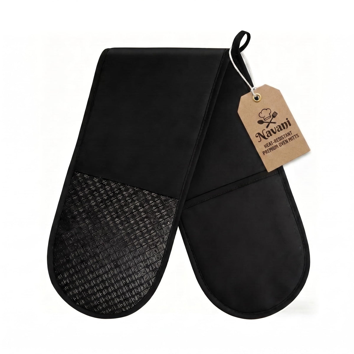 Double Oven Gloves with Non-Slip Silicone Grip, 84 x 18cm Black