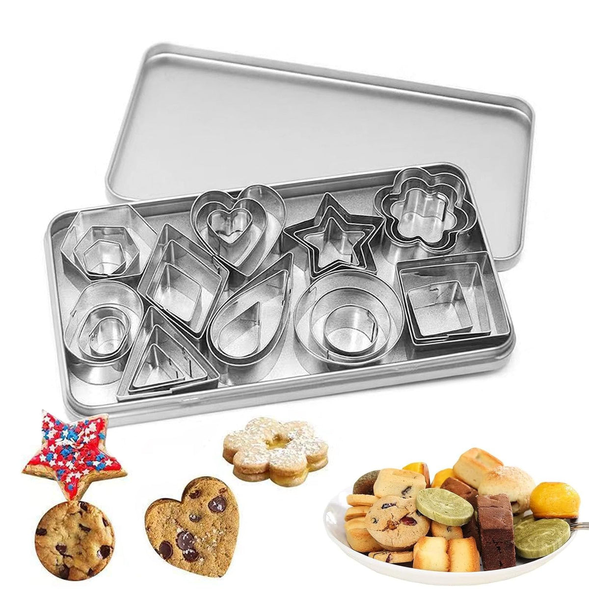 Set of 30 Mini Stainless Steel Biscuit Cutters, Silver