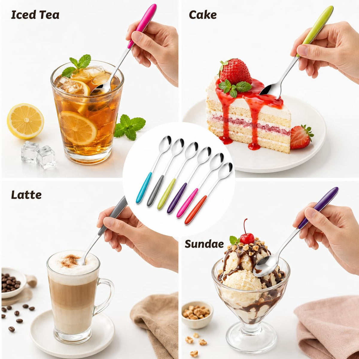 Set of 6 Long Handle Sundae Spoons, 18.2cm Assorted