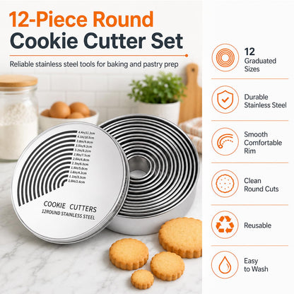 Set of 12 Scalloped Round Biscuit Cutters, 2.4–11.2cm Silver