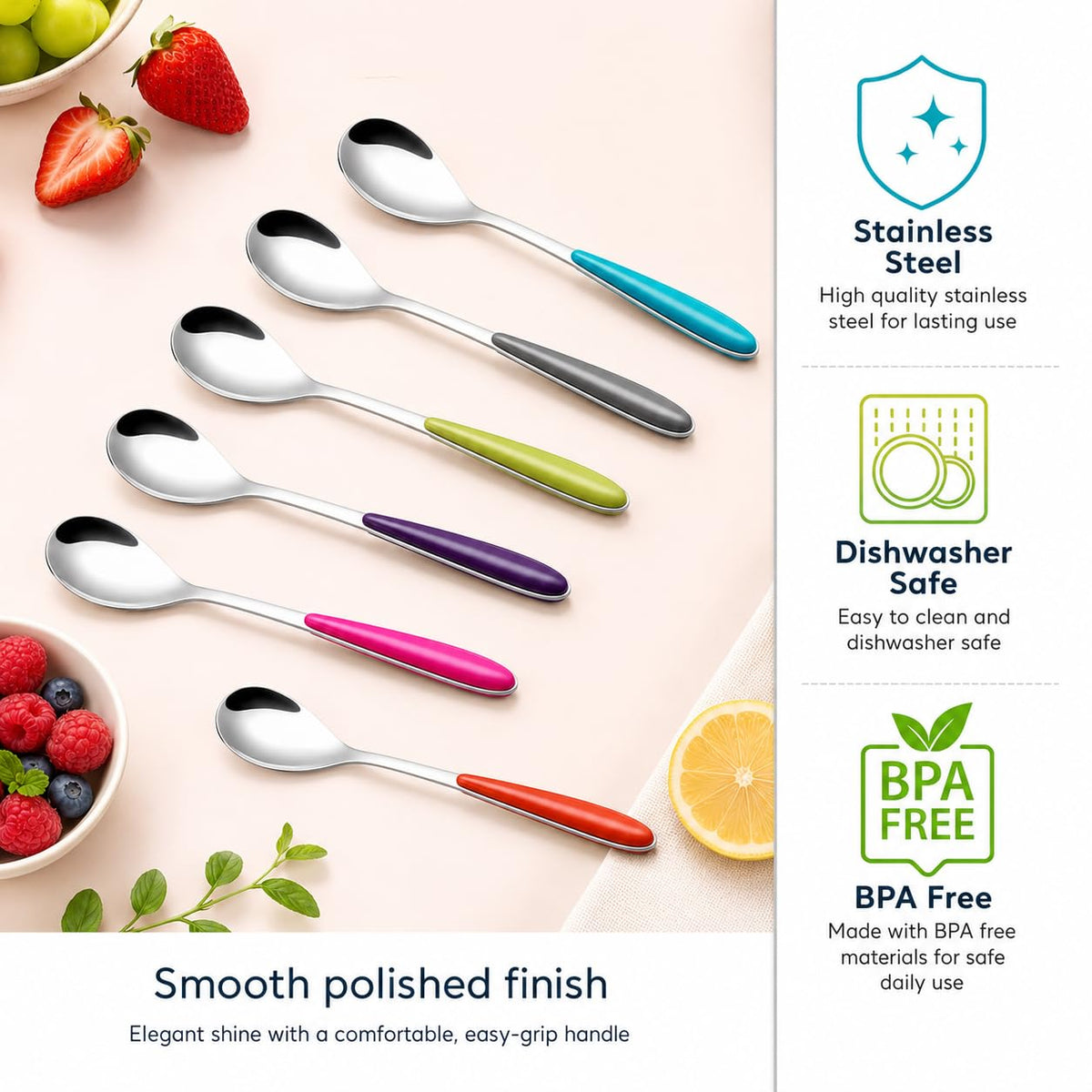 Set of 6 Long Handle Sundae Spoons, 18.2cm Assorted