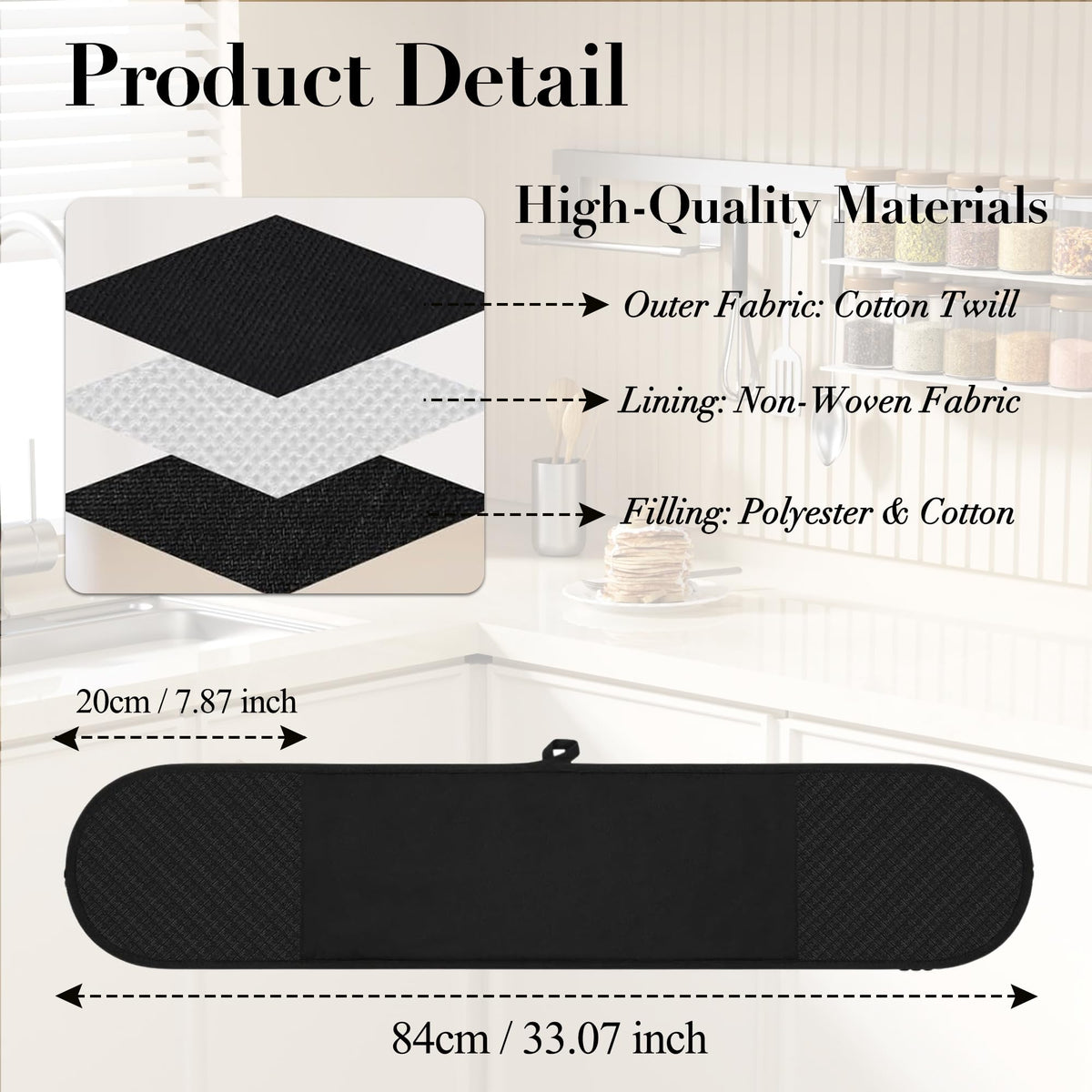 Double Oven Gloves with Non-Slip Silicone Grip, 84 x 18cm Black