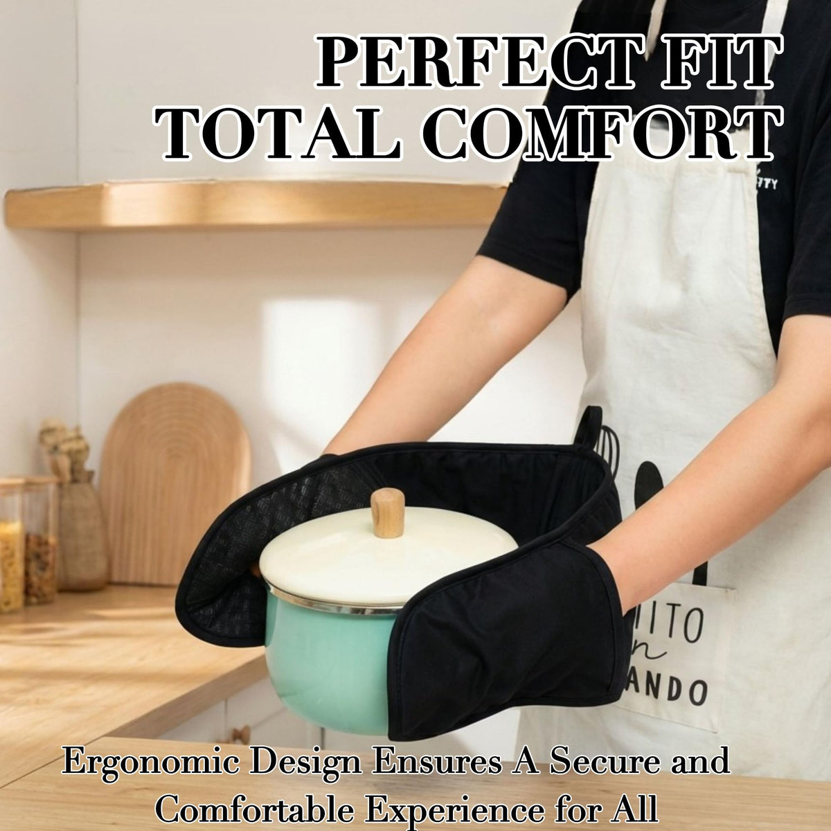 Double Oven Gloves with Non-Slip Silicone Grip, 84 x 18cm Black