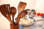 Silver Frame Wooden Spoons for Cooking, Utensils Set with Kitchen Holder 7 pieces of Teak Wood Cooking Utensils Set