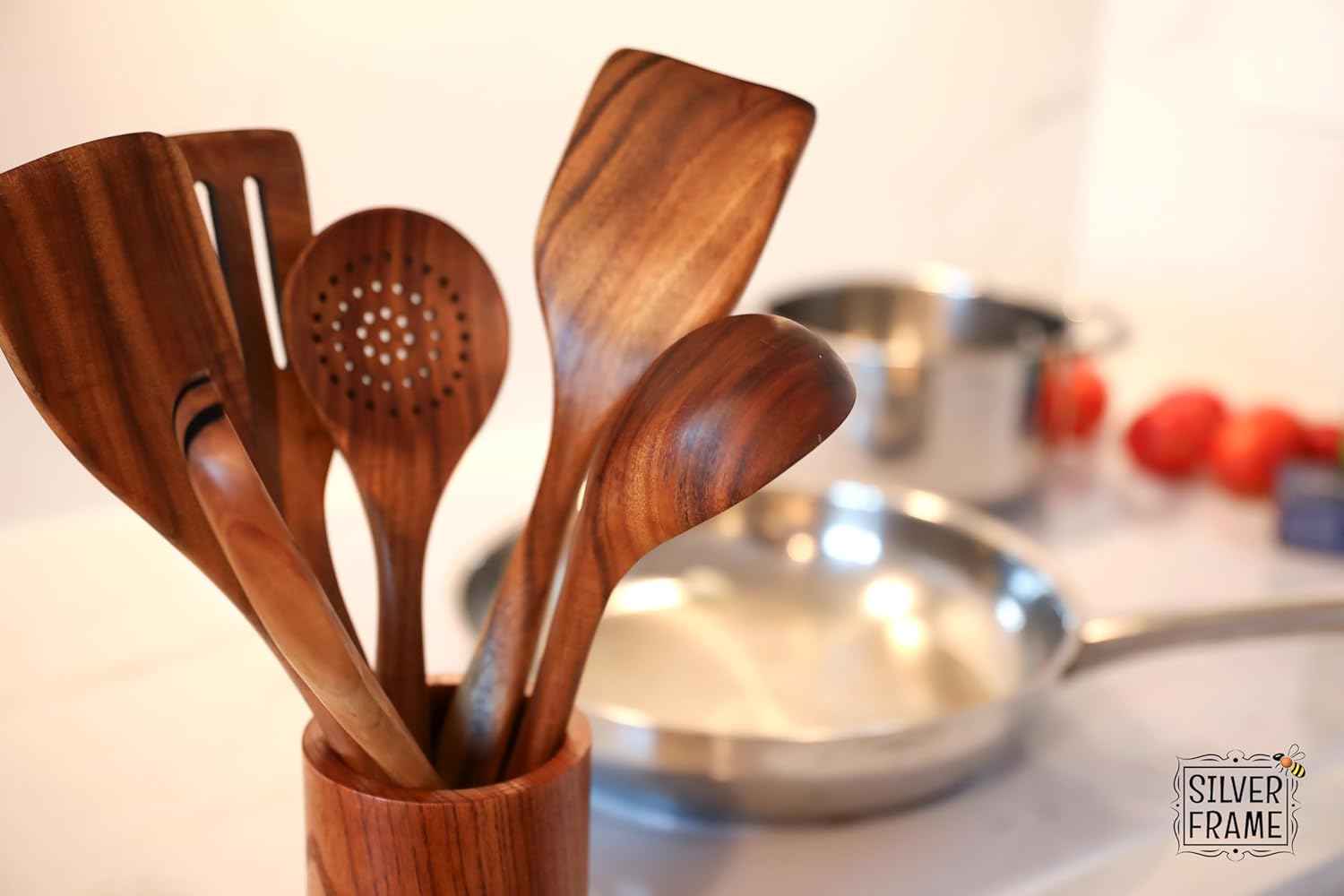 Silver Frame Wooden Spoons for Cooking, Utensils Set with Kitchen Holder 7 pieces of Teak Wood Cooking Utensils Set