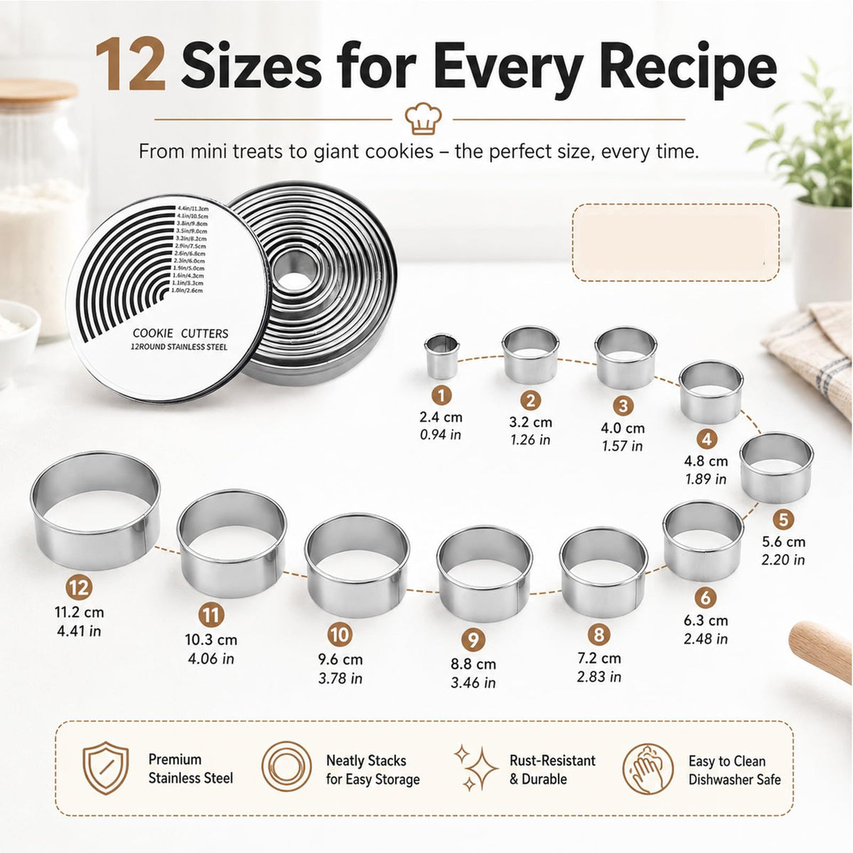 Set of 12 Scalloped Round Biscuit Cutters, 2.4–11.2cm Silver
