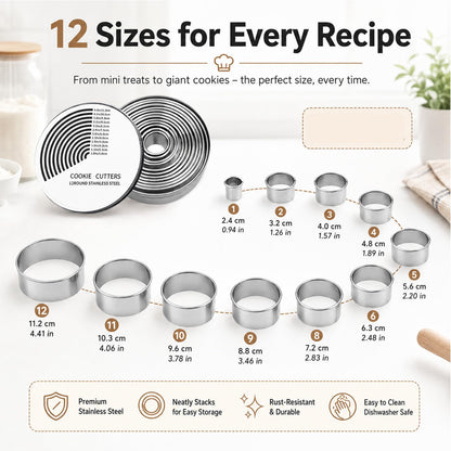 Set of 12 Scalloped Round Biscuit Cutters, 2.4–11.2cm Silver