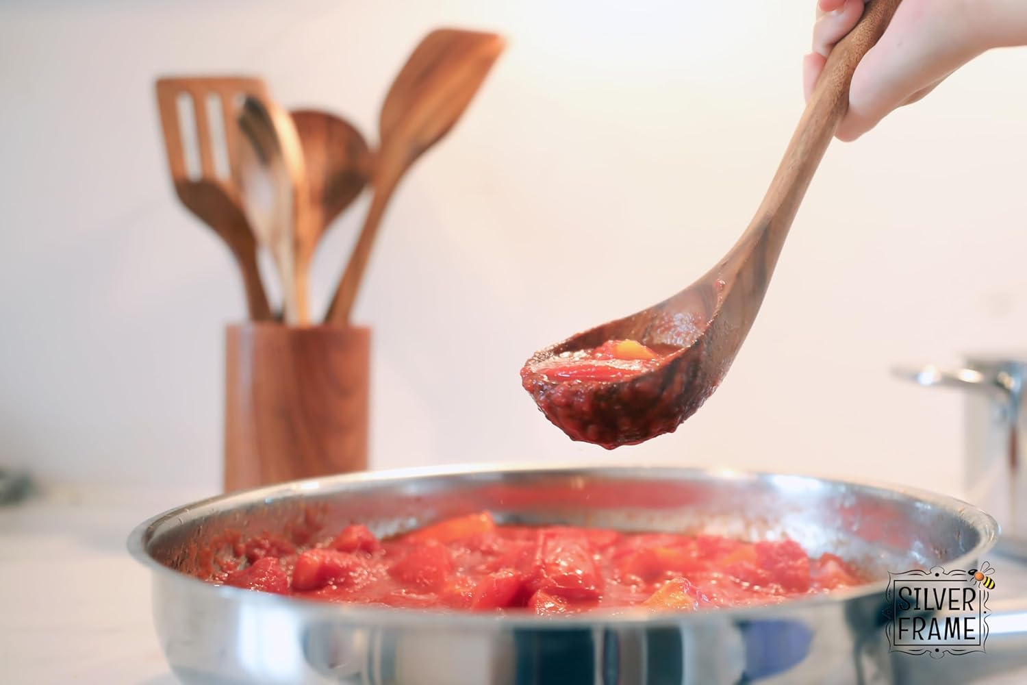 Silver Frame Wooden Spoons for Cooking, Utensils Set with Kitchen Holder 7 pieces of Teak Wood Cooking Utensils Set