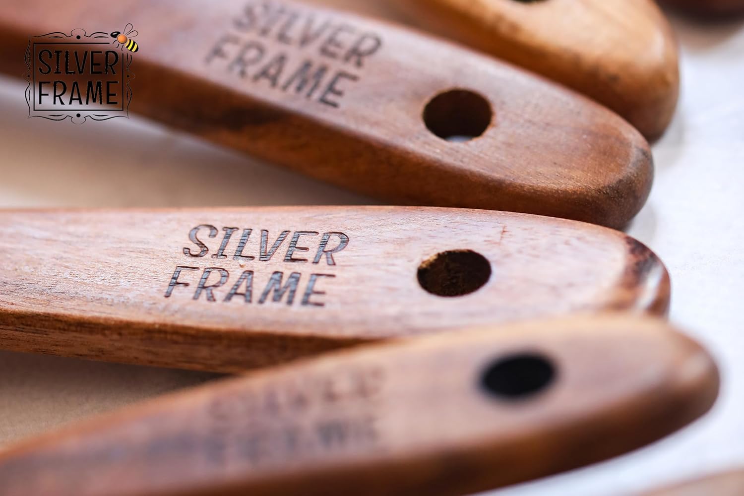Silver Frame Wooden Spoons for Cooking, Utensils Set with Kitchen Holder 7 pieces of Teak Wood Cooking Utensils Set