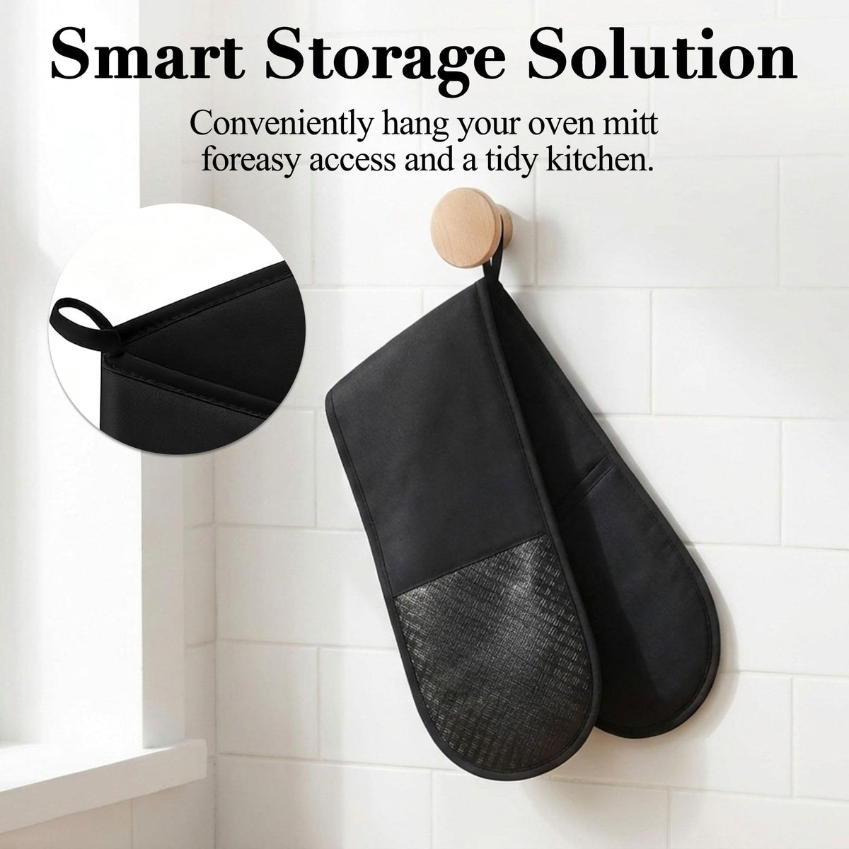Double Oven Gloves with Non-Slip Silicone Grip, 84 x 18cm Black