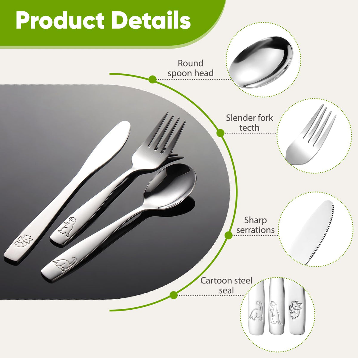 Set of 6 Children's Stainless Steel Cutlery, Silver