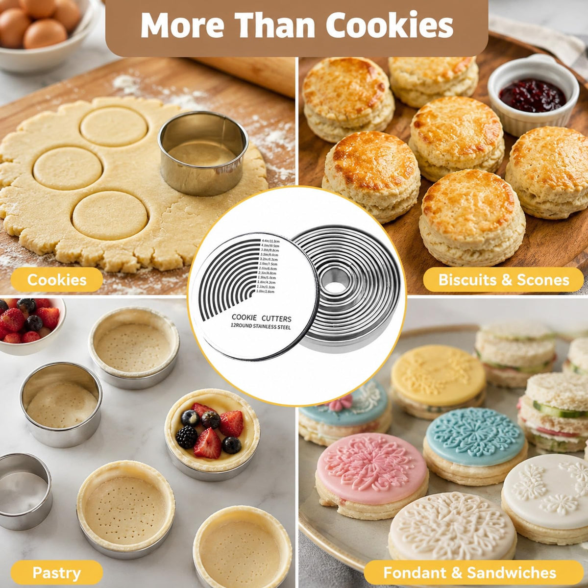 Set of 12 Scalloped Round Biscuit Cutters, 2.4–11.2cm Silver