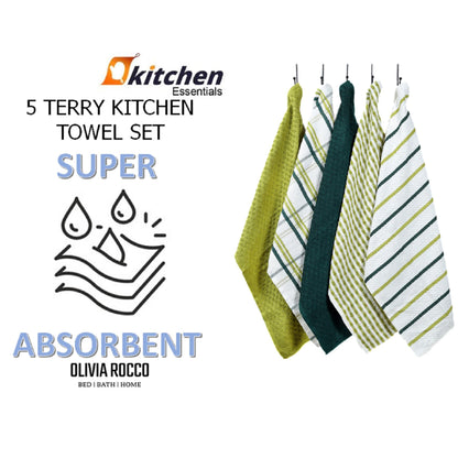 Pack of 5 Terry Cotton Kitchen Tea Towels, 60 x 40cm Sage Green