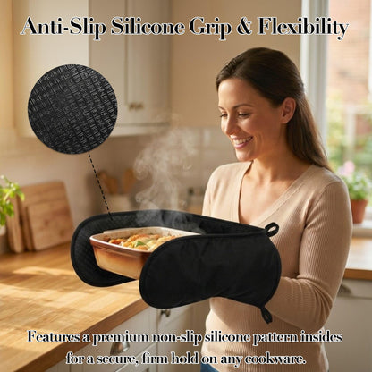 Double Oven Gloves with Non-Slip Silicone Grip, 84 x 18cm Black
