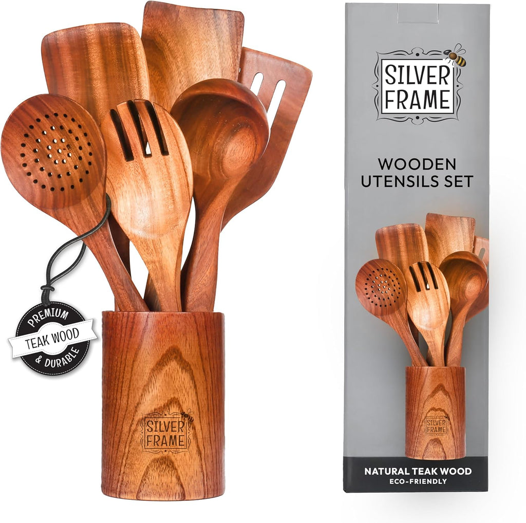 Silver Frame Wooden Spoons for Cooking, Utensils Set with Kitchen Holder 7 pieces of Teak Wood Cooking Utensils Set