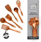 Silver Frame Wooden Spoons for Cooking, Utensils Set with Kitchen Holder 7 pieces of Teak Wood Cooking Utensils Set