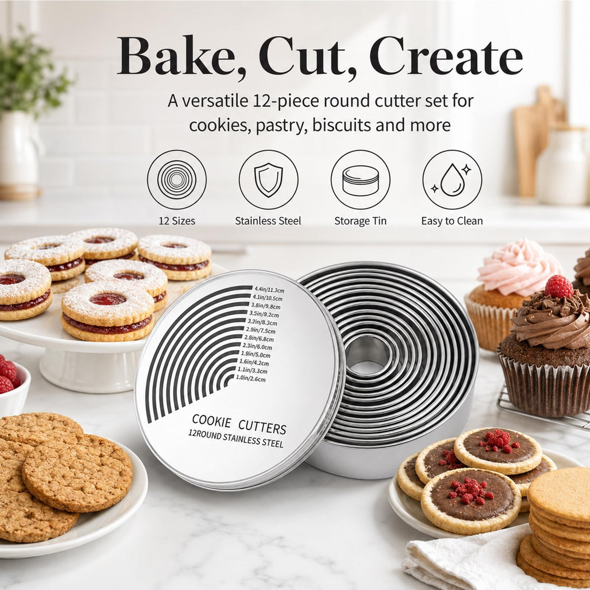Set of 12 Scalloped Round Biscuit Cutters, 2.4–11.2cm Silver