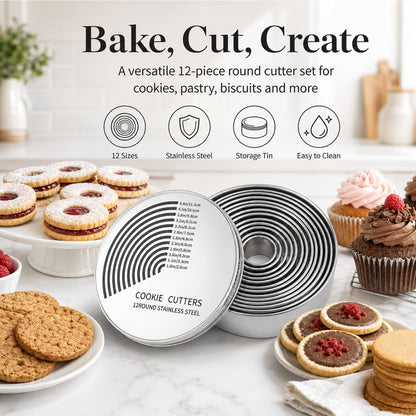 Set of 12 Scalloped Round Biscuit Cutters, 2.4–11.2cm Silver