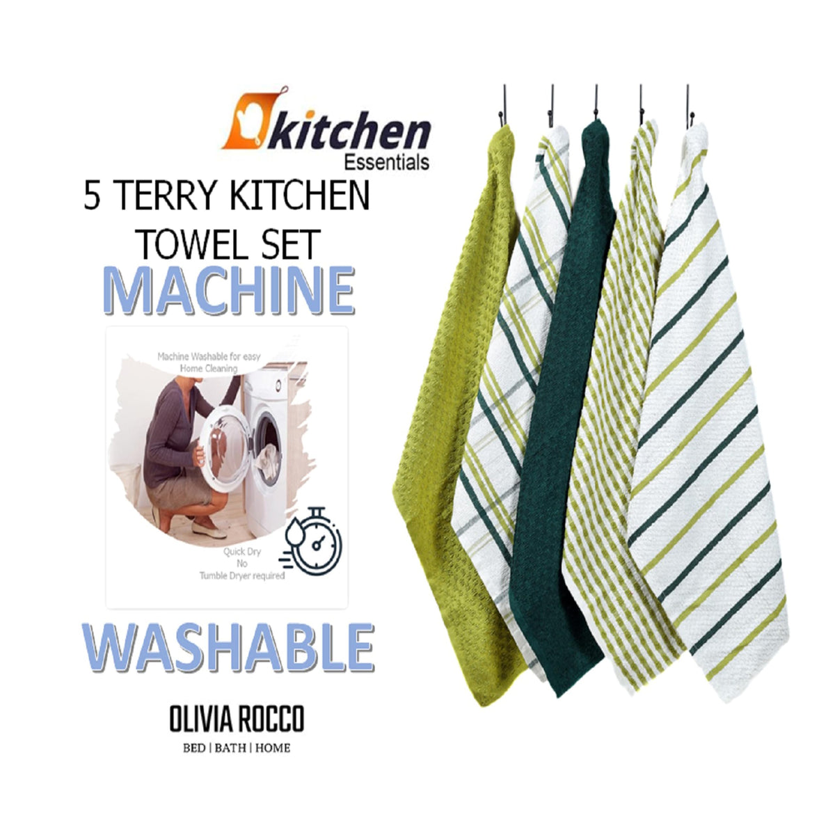 Pack of 5 Terry Cotton Kitchen Tea Towels, 60 x 40cm Sage Green