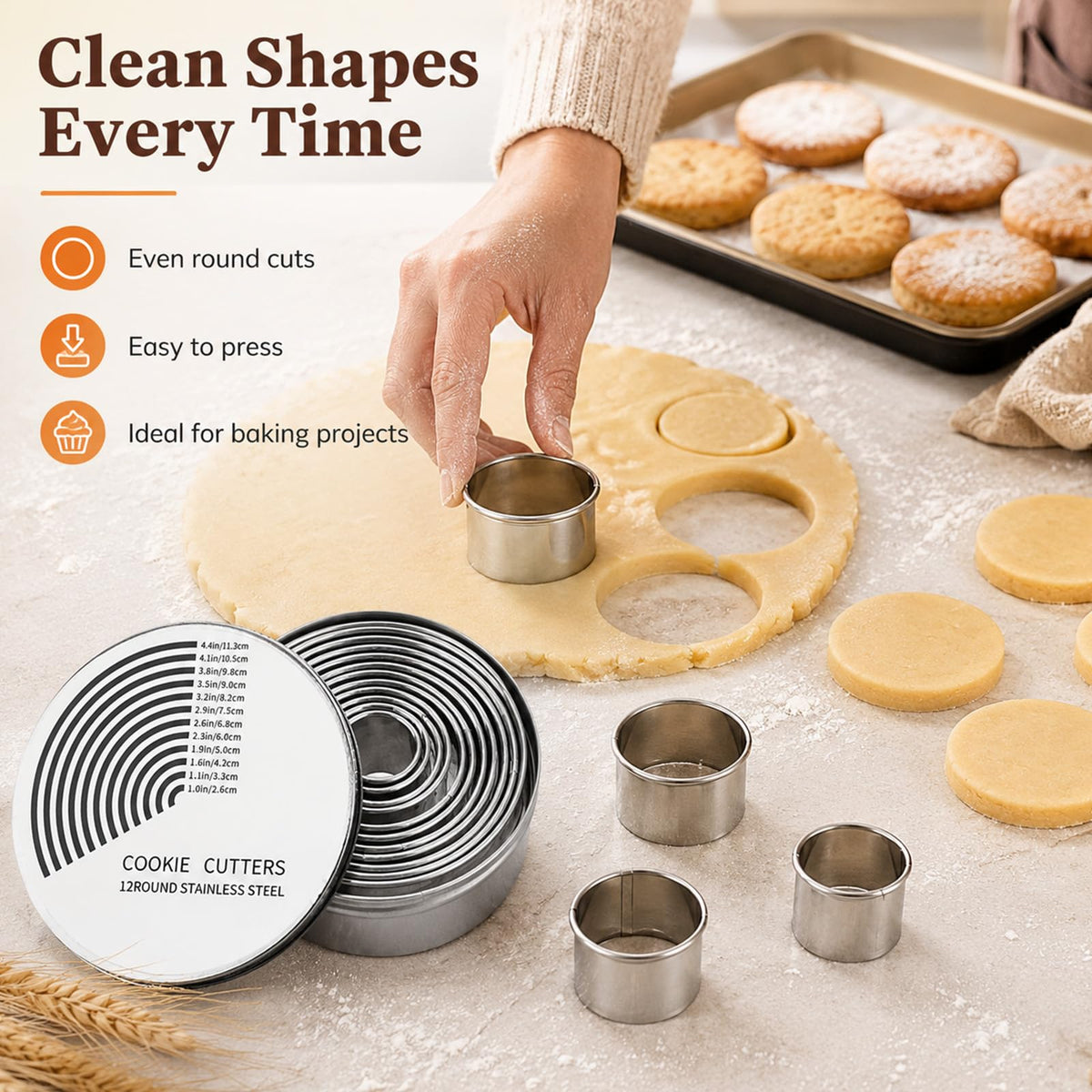 Set of 12 Scalloped Round Biscuit Cutters, 2.4–11.2cm Silver
