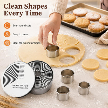 Set of 12 Scalloped Round Biscuit Cutters, 2.4–11.2cm Silver