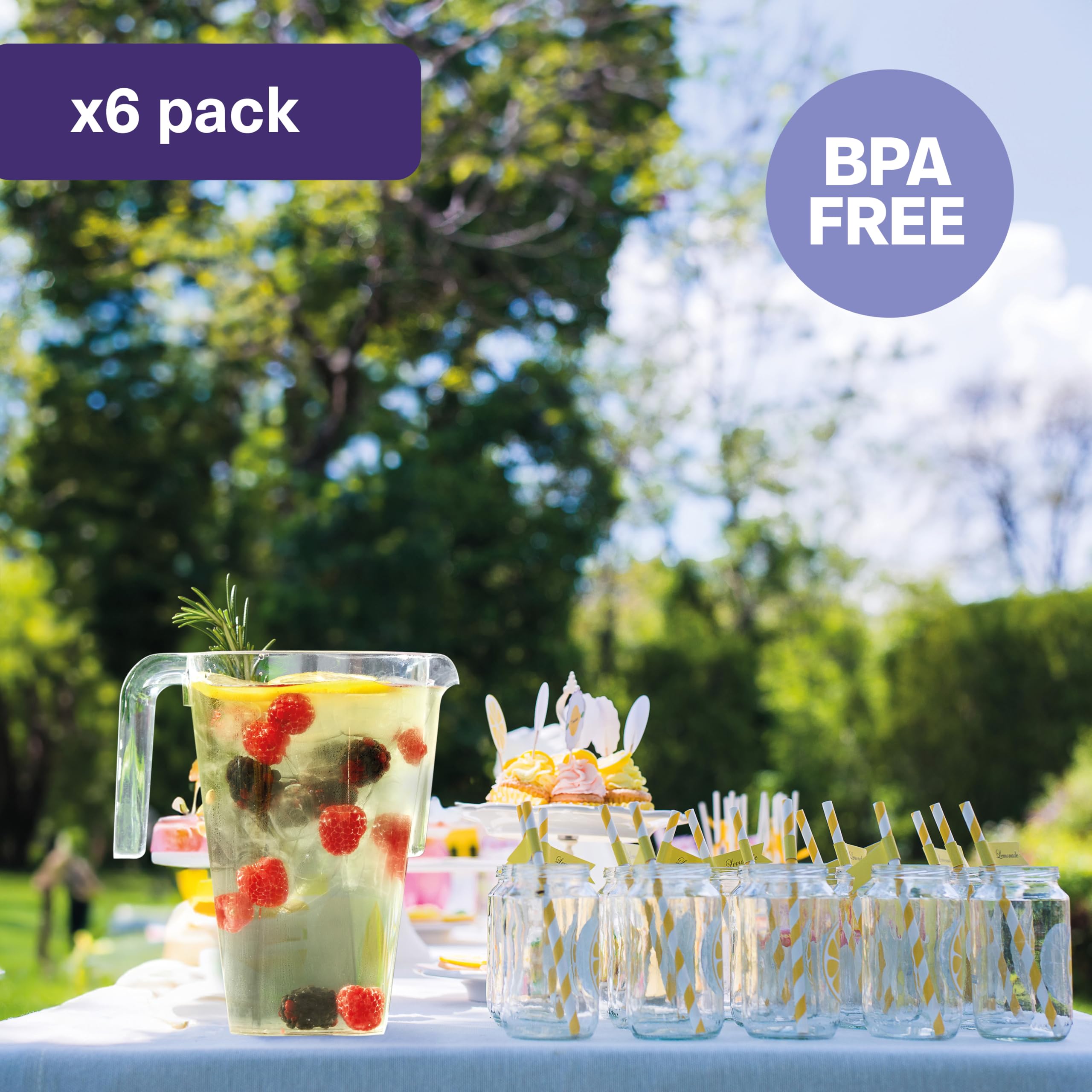 MATANA 6 Reusable Clear Plastic Jugs, Cocktail Pitchers for Parties, 1.5L - Juice, Lemonade, Punch, Sangria, Beers - Birthdays, Weddings, Picnics, BBQ