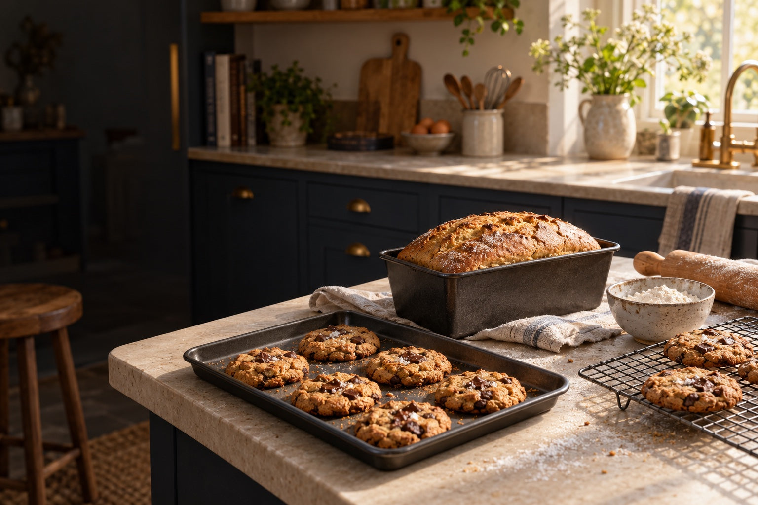 A loaf tin and baking tray with freshly baked bread and cookies
