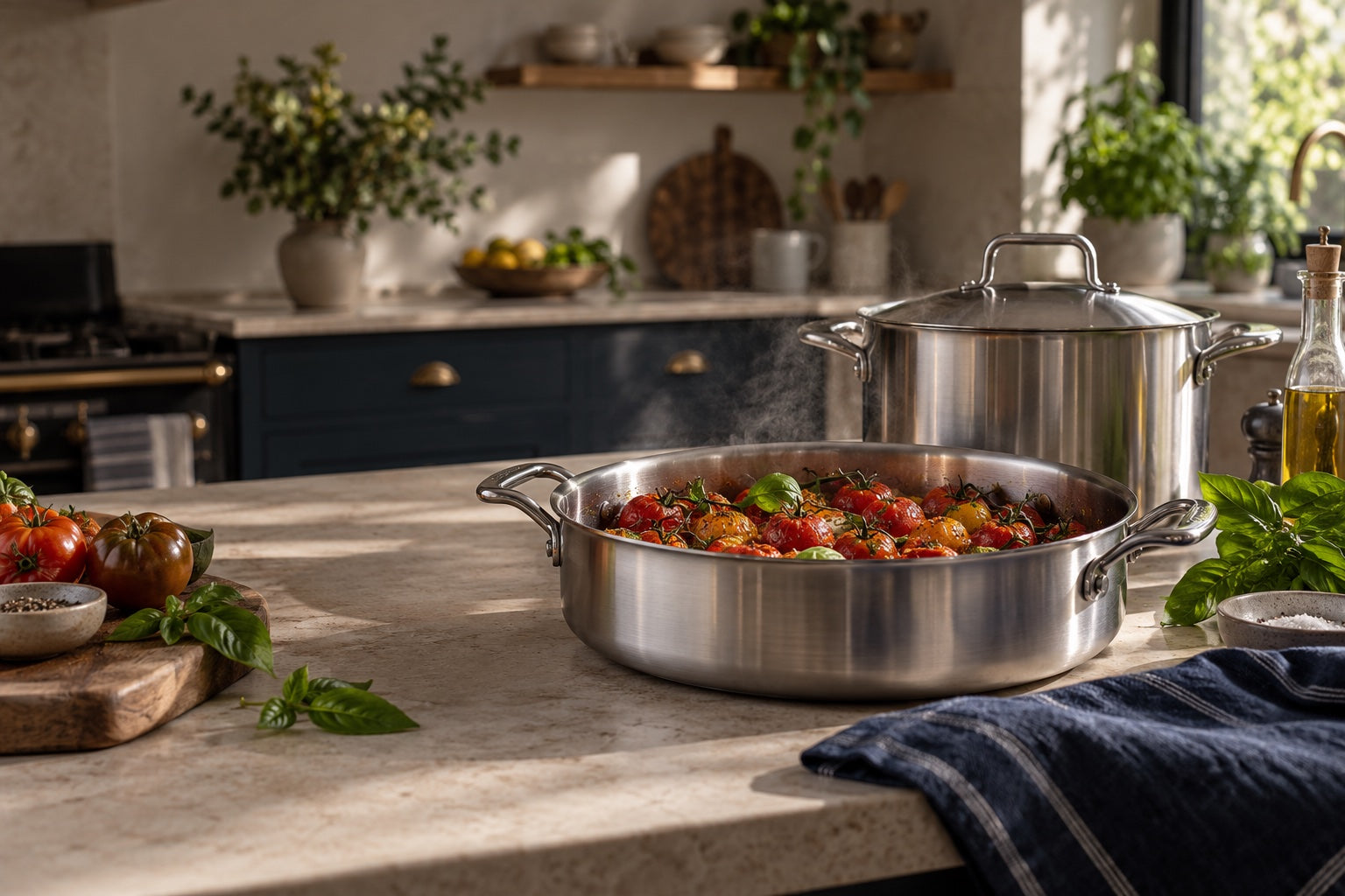 Stainless steel cookware with tomatoes and fresh herbs in a sunlit kitchen