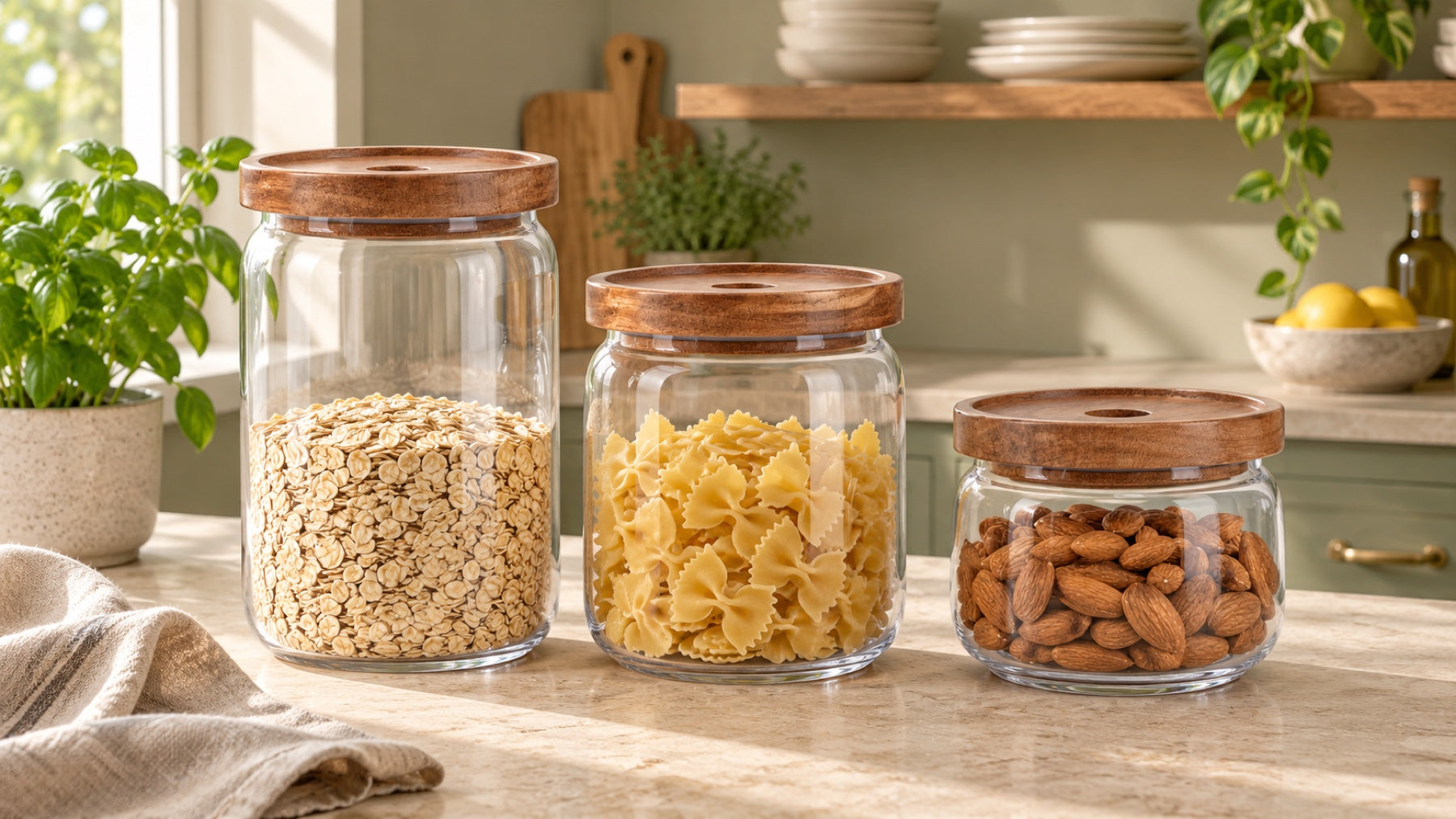 Tromso glass storage jars styled together on a kitchen countertop