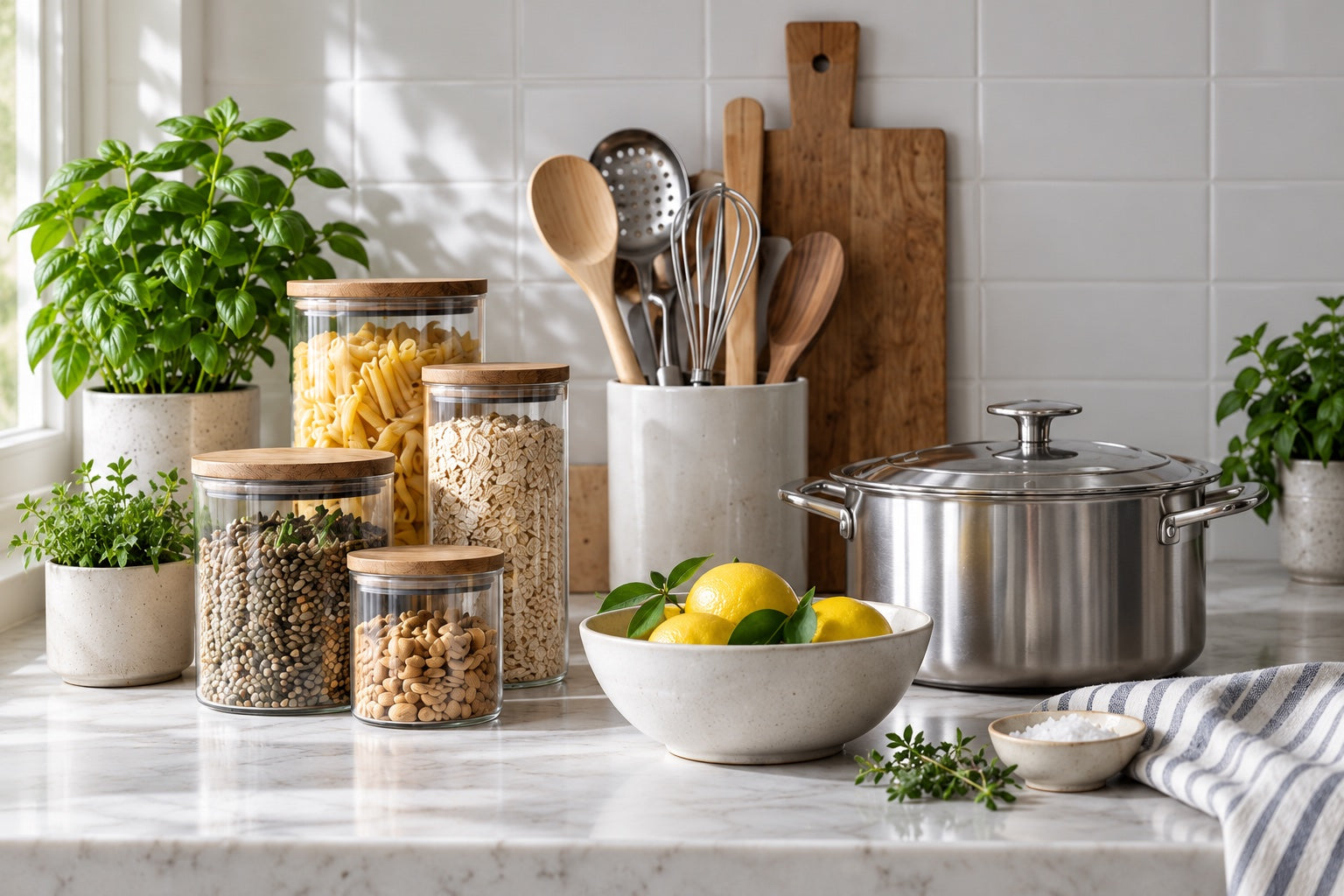 Glass storage jars, stainless steel cookware and kitchen utensils on a bright kitchen counter