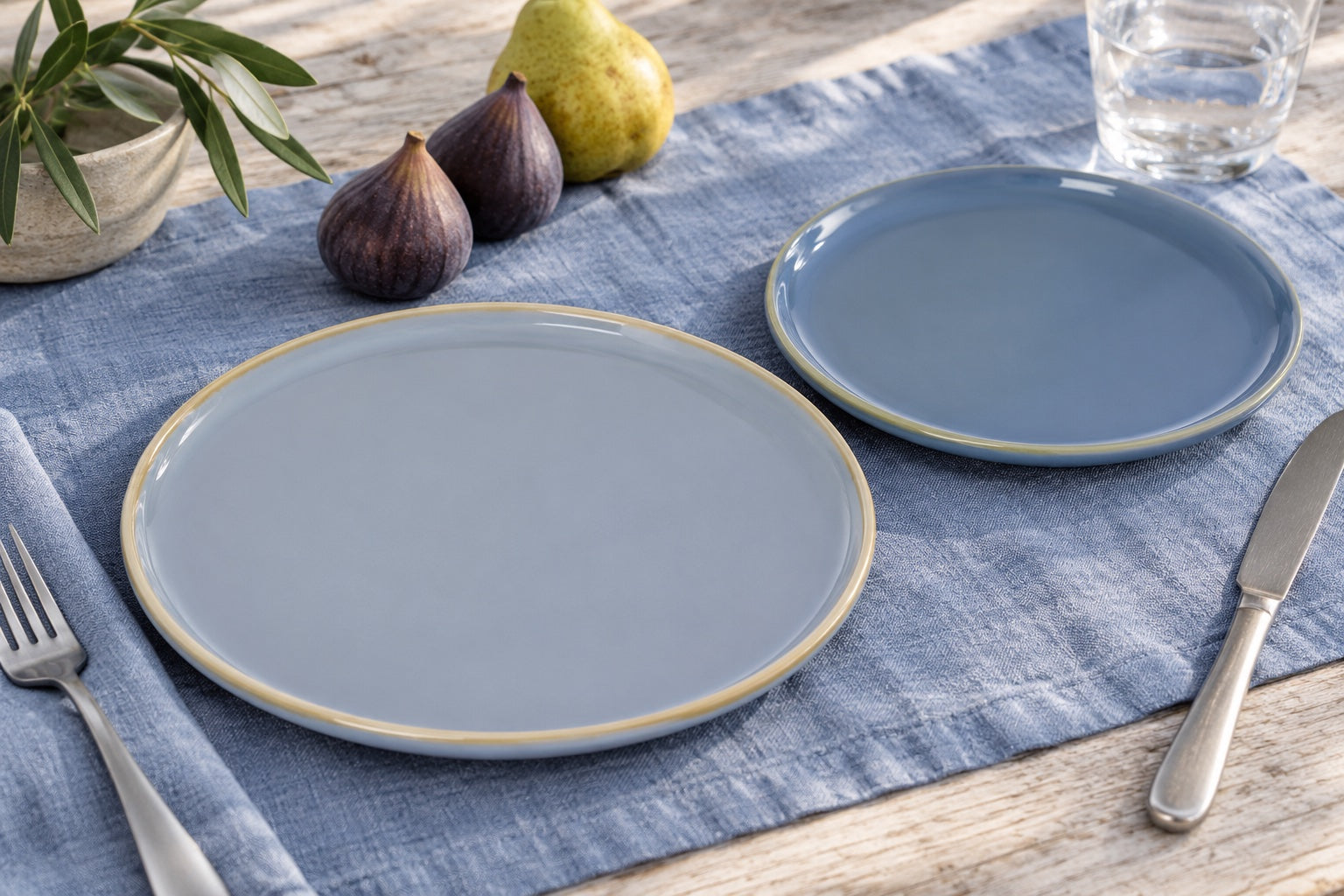 The Blue Hour Table: Juna Blue Dinner Plate, Juna Blue Dessert Plate in a styled setting