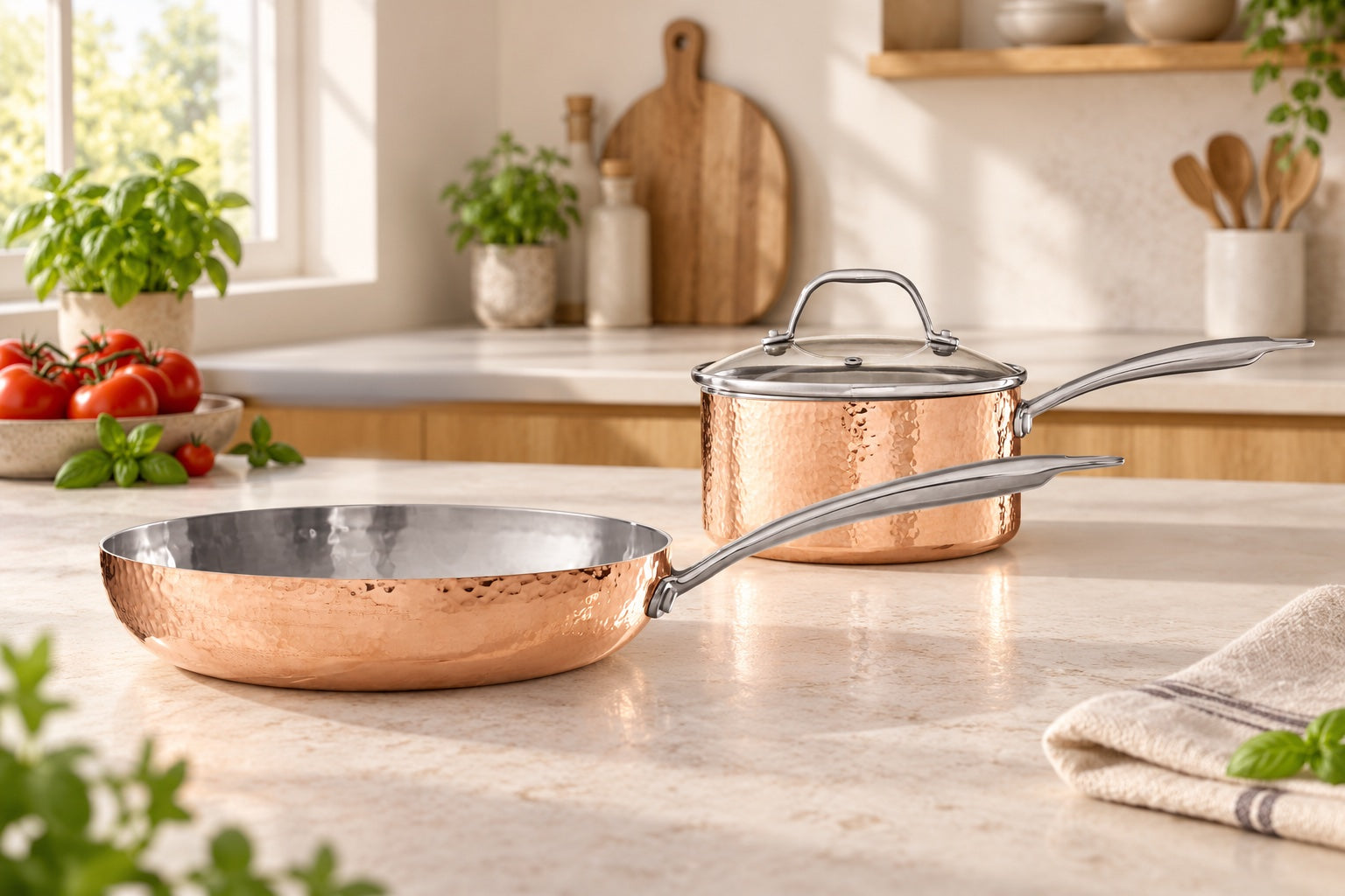 The Copper Kitchen: Minerva Copper Finish 24 cm Hammered Frying Pan, Minerva Medium 18 cm Hammered Copper Finish Saucepan with Lid in a styled setting
