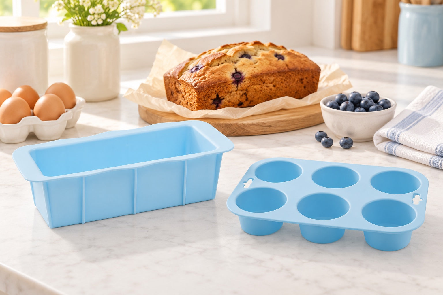 Pastel Baking Days: Zing Pastel Blue Loaf Mould, Zing Pastel Blue 6 Cup Muffin Mould in a styled setting