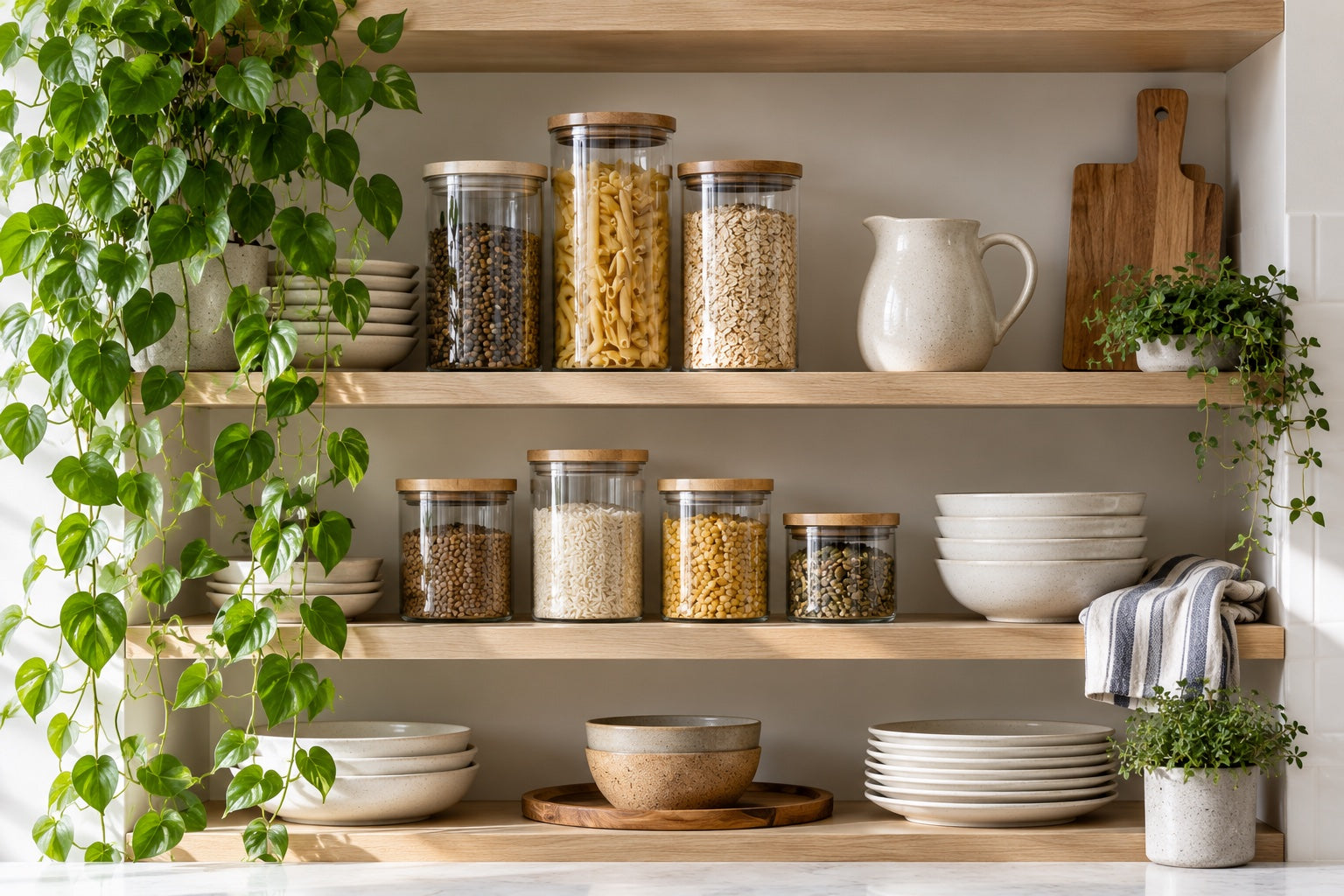 Kitchen shelves arranged with glass storage jars and bowls