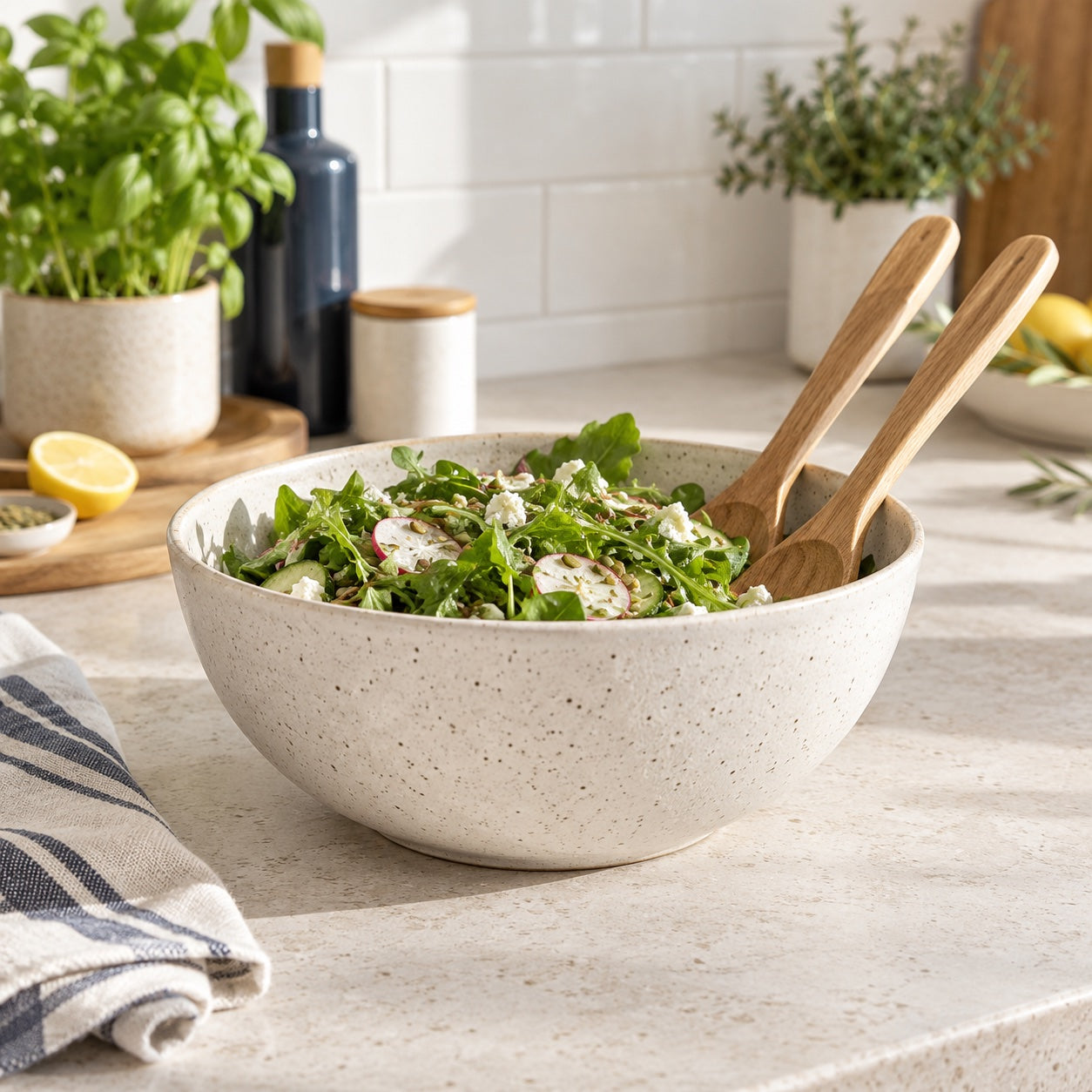 A styled table with serving bowls and tableware
