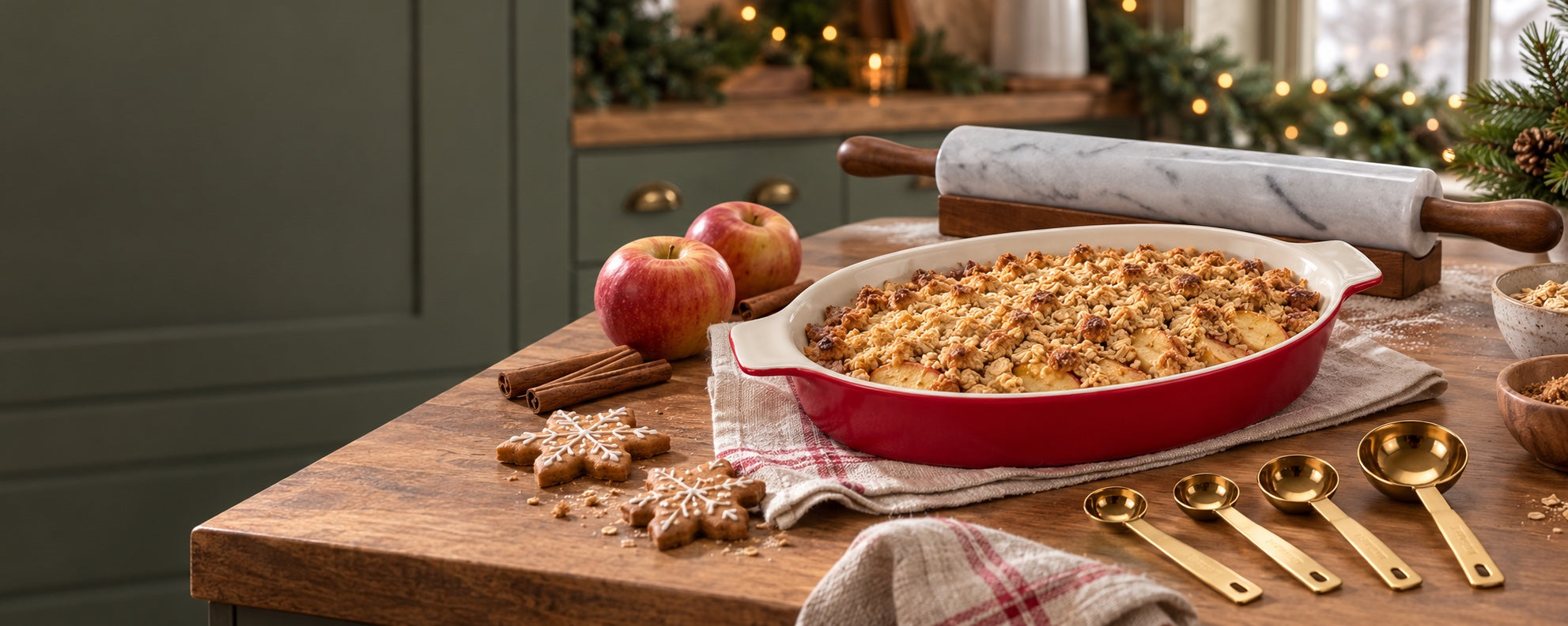 A red crumble dish, marble rolling pin and gold measuring spoons in a warmly lit kitchen